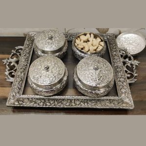 Pure German Silver Hand Engraved Dry Fruit Bowl+ Tray Set